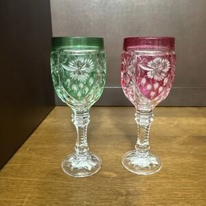 2 Anna Hutte Bleikristall Cordial Wine Glasses 5.5" Green Cranberry Lead Crystal
